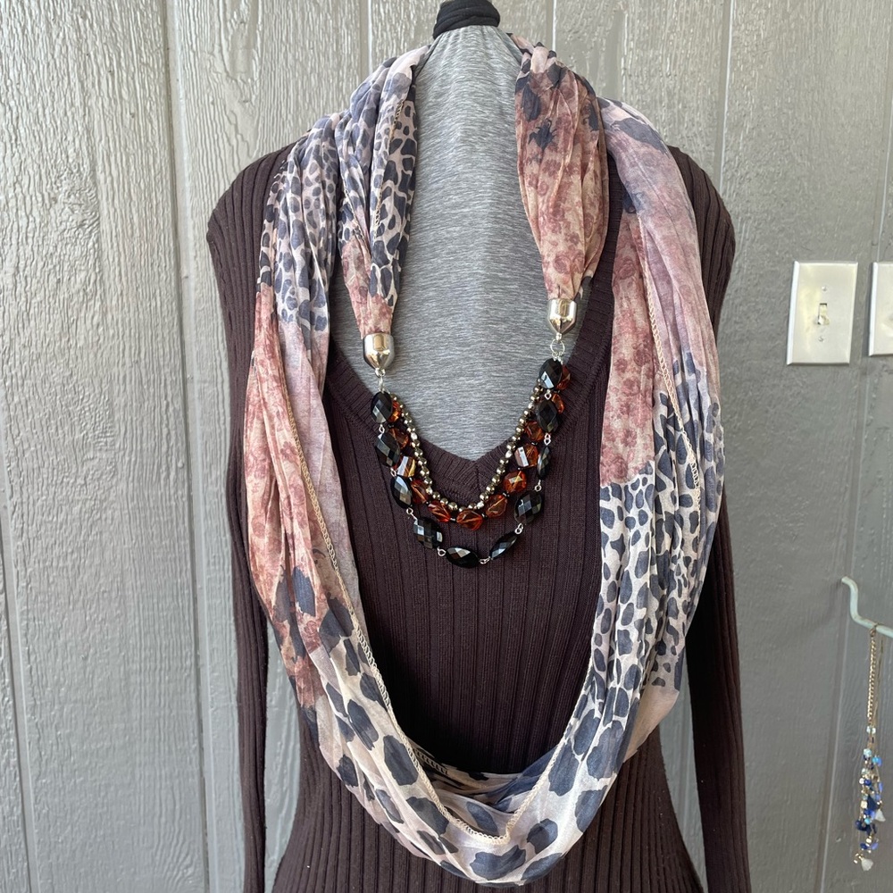 Elegant Leopard Print Scarf with Beaded Necklace